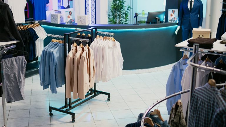 חנות מותגים באאוטלט עם מתלי בגדים מקולקציות עונה קודמת
